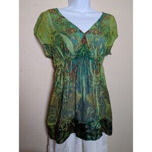 Green Sheer Paisley Babydoll Top Satin Trim Size Medium Cottagecore Boho Indie